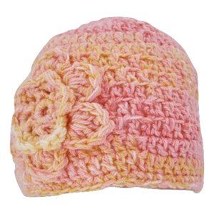 Women’s Homemade Hand Crocheted Pink & Yellow Flower Beanie Winter Hat